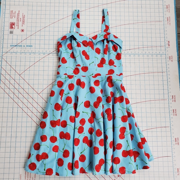 Tribal Rhythm Cherry Retro Dress Women's Medium ? Rockabilly Skater Blue Red - Picture 2 of 13